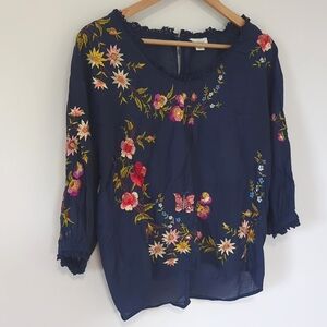 Sundance Florentina Embroidered Floral Butterfly Lace Trim Boho Top